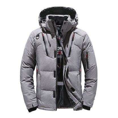 Men's hooded down puffer jacket with storm flap - gray
