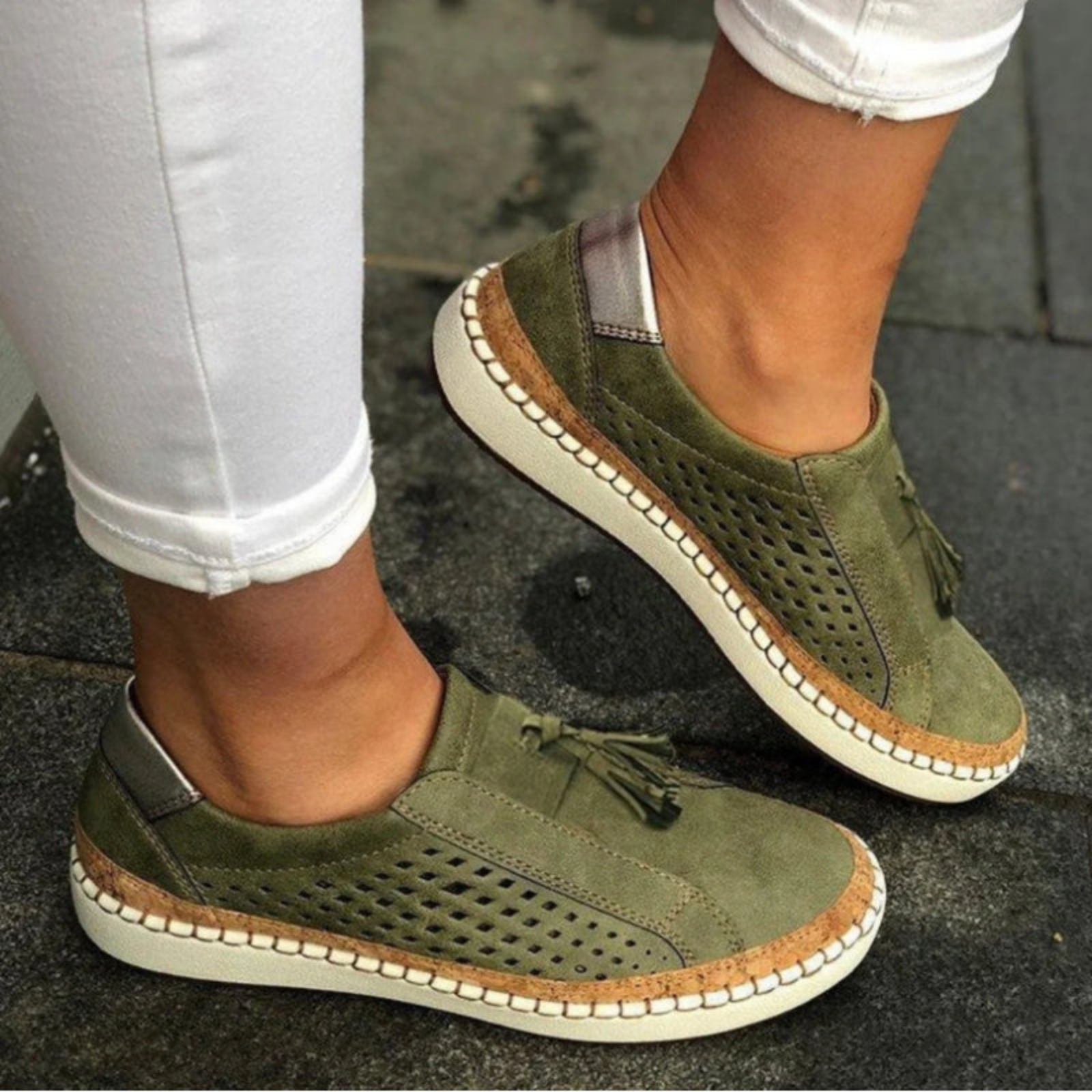 Sage | Women's Suede Breathable Cutout Tassel Slip-On Sneakers