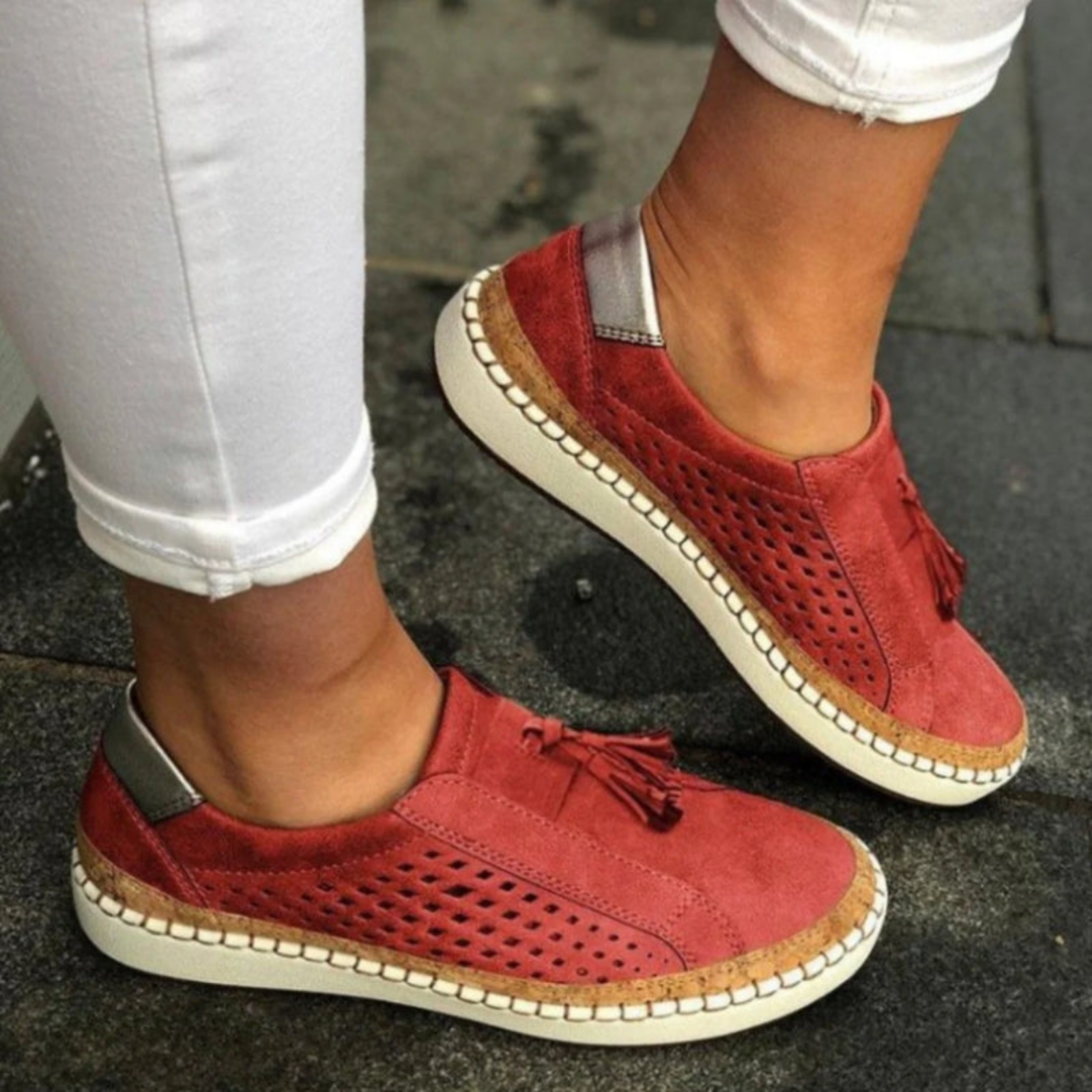 Sage | Women's Suede Breathable Cutout Tassel Slip-On Sneakers
