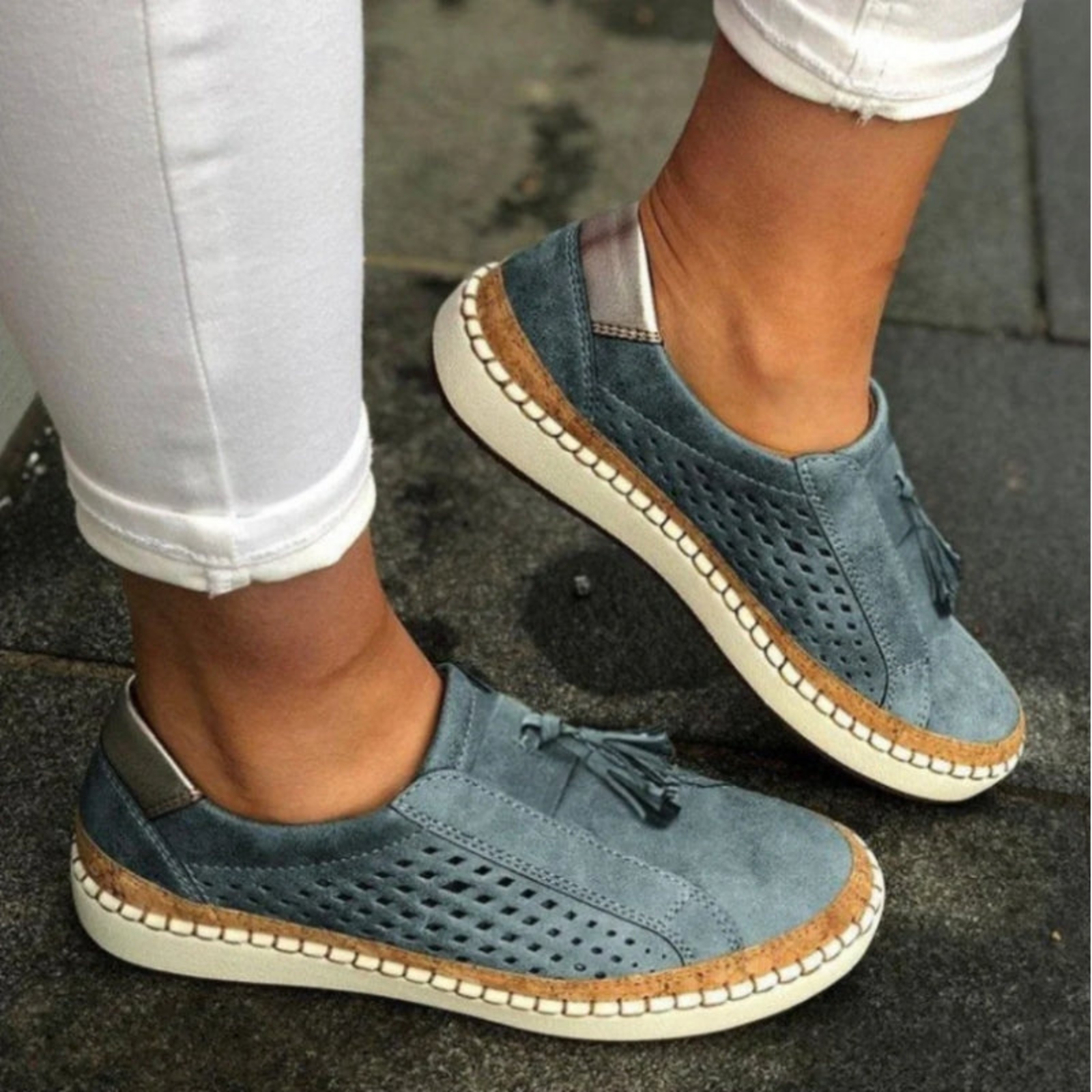Sage | Women's Suede Breathable Cutout Tassel Slip-On Sneakers