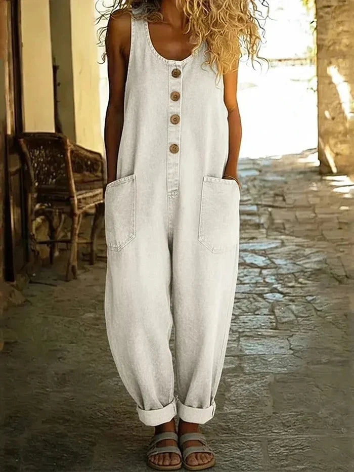 Women's wide-leg denim jumpsuit with adjustable straps
