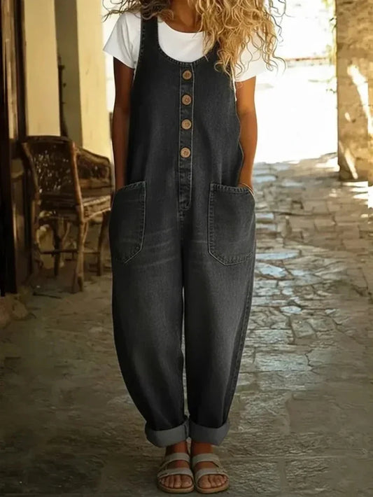Women's wide-leg denim jumpsuit with adjustable straps