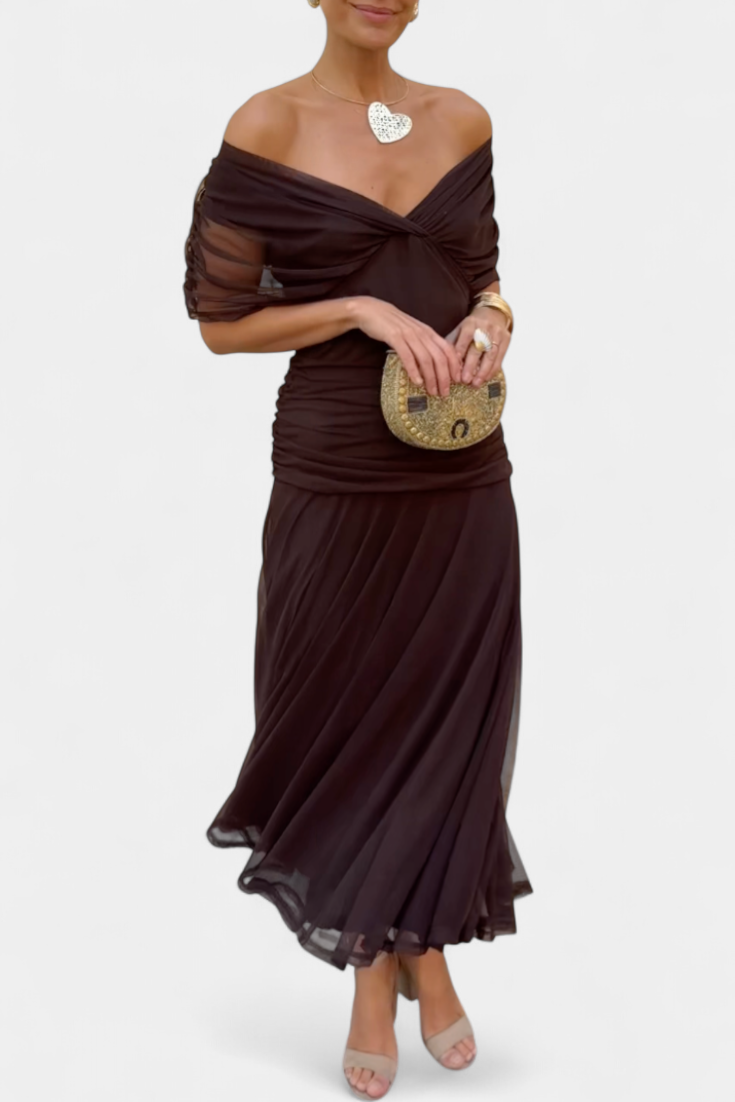 Selene | Women's Chiffon Off-Shoulder Ruched Twist-Front Midi Dress