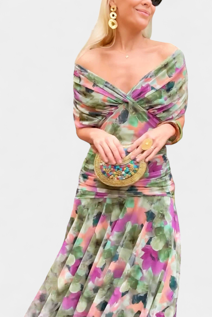 Selene | Women's Chiffon Off-Shoulder Ruched Twist-Front Midi Dress