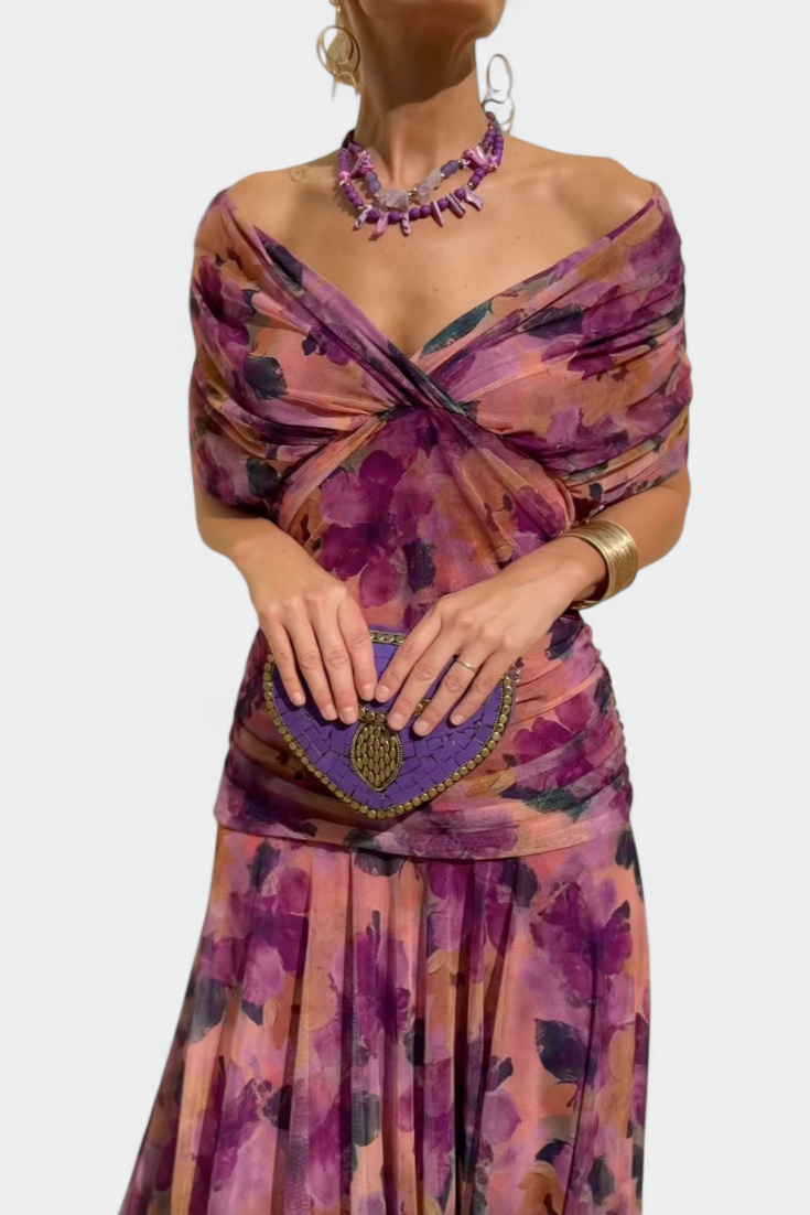 Selene | Women's Chiffon Off-Shoulder Ruched Twist-Front Midi Dress