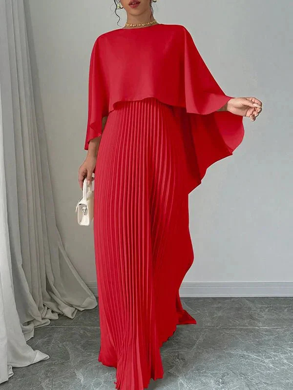 Serene | Women's Elegant Satin Cape Pleated Maxi Dress