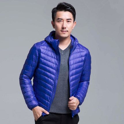 Men's packable puffer jacket - royal blue hooded