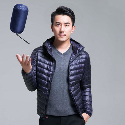 Men's packable puffer jacket - navy blue hooded