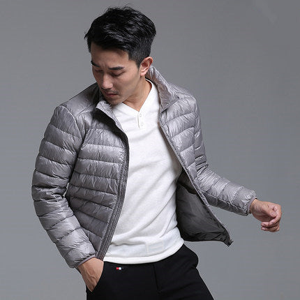 Men's packable puffer jacket - gray stand collar