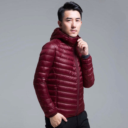 Men's packable puffer jacket - wine red hooded