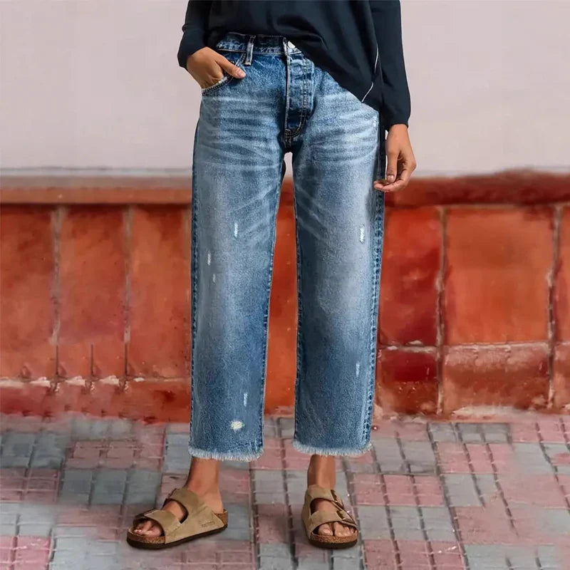 Women's cropped straight leg jeans, casual retro style