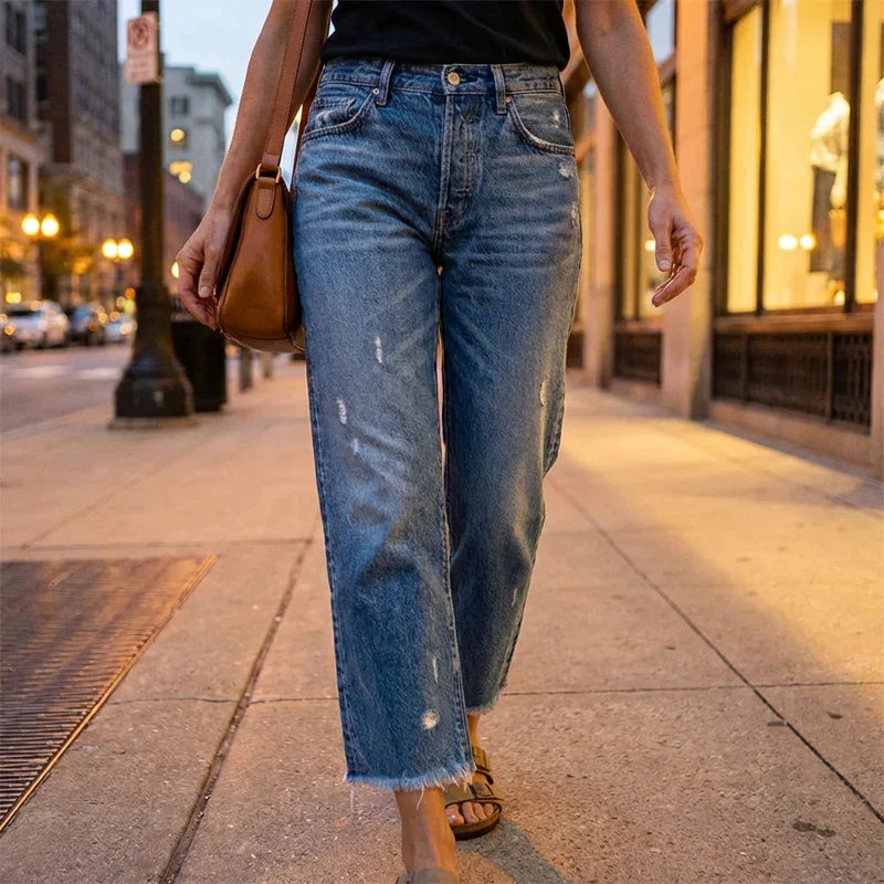 Women's cropped straight leg jeans, casual retro style