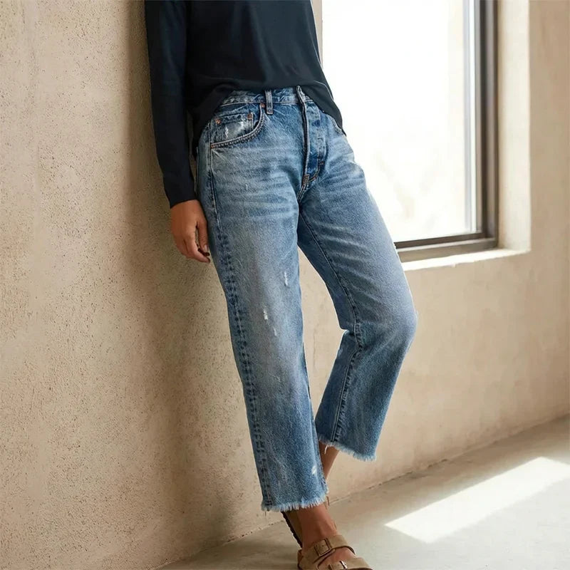 Women's cropped straight leg jeans, casual retro style