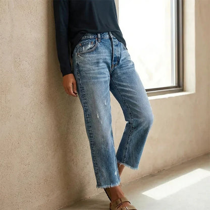 Women's cropped straight leg jeans, casual retro style