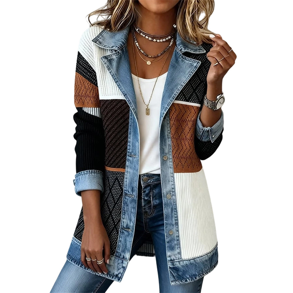 Woman wearing ribbed knit denim patchwork jacket