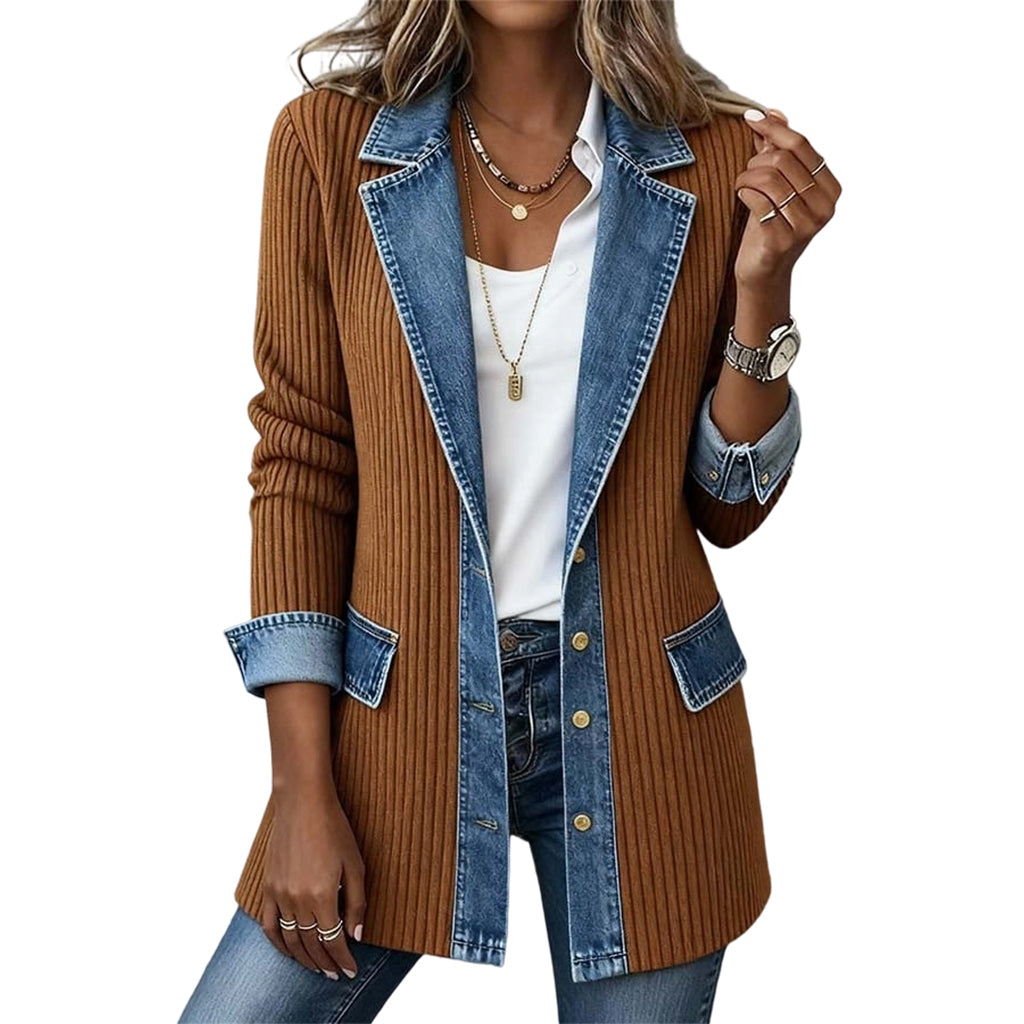 Woman wearing ribbed knit denim patchwork jacket