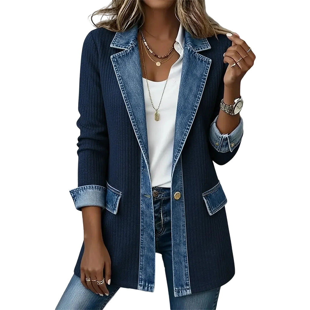 Woman wearing ribbed knit denim patchwork jacket