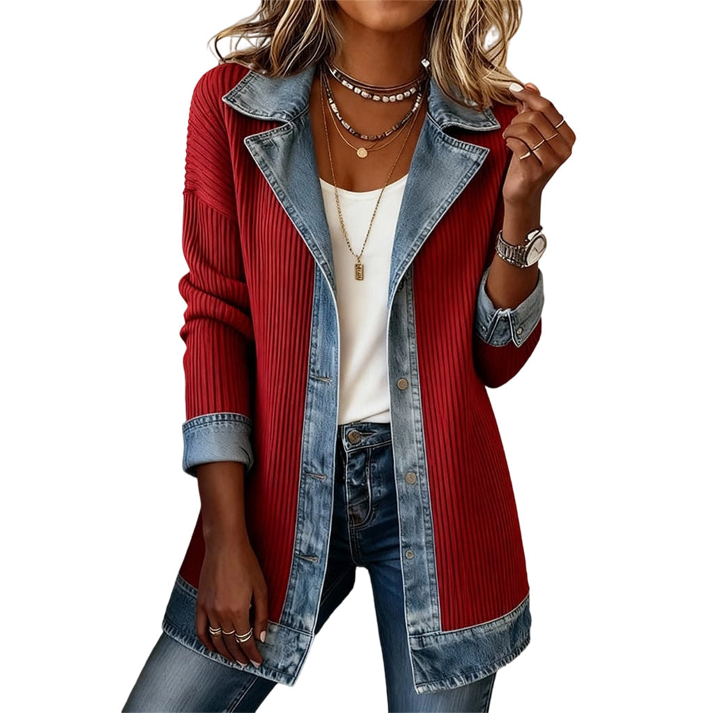 Woman wearing ribbed knit denim patchwork jacket