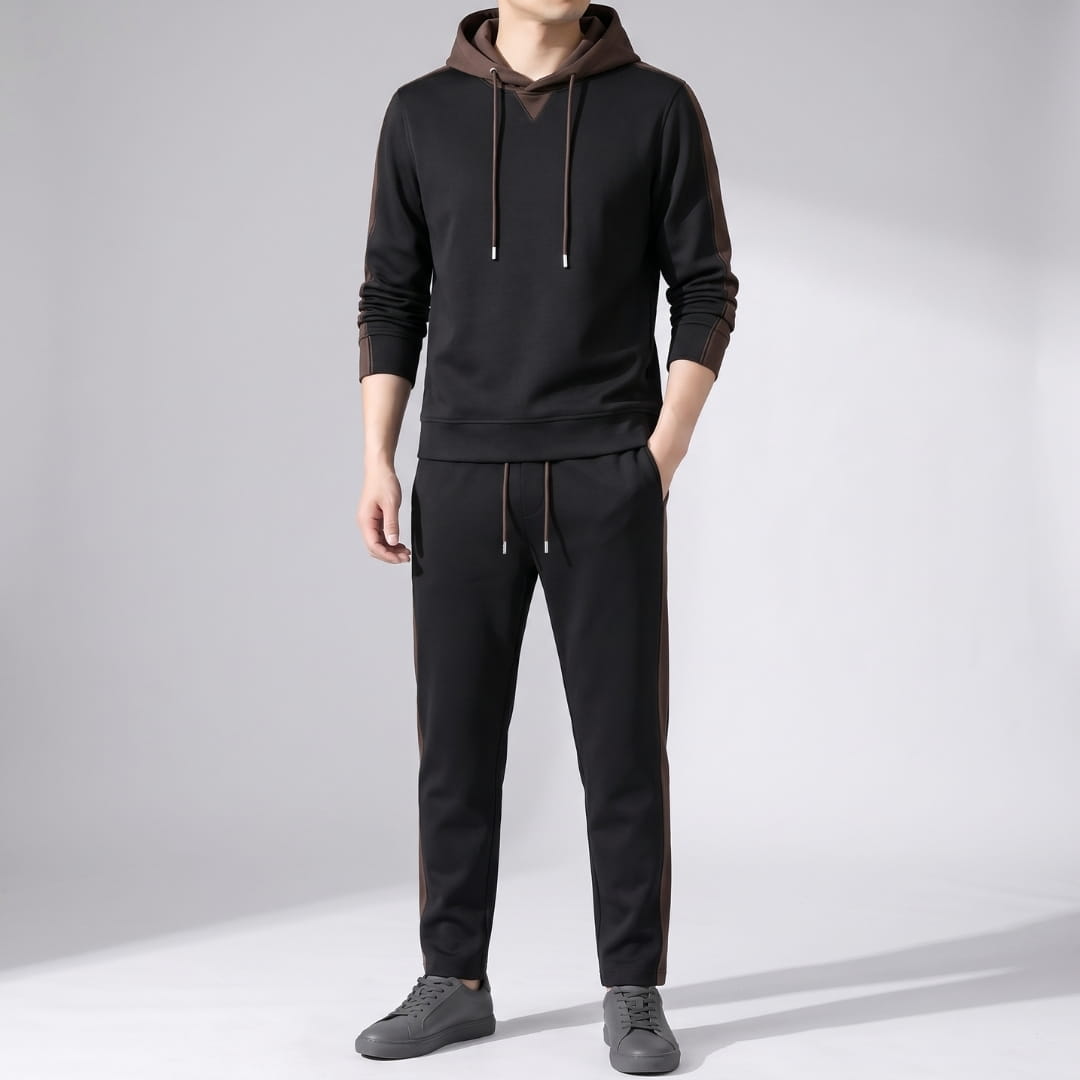 Men's cotton tracksuit set with zip jacket - black