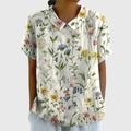 Thea | Women's Linen Floral Print Short Sleeve Collared Blouse