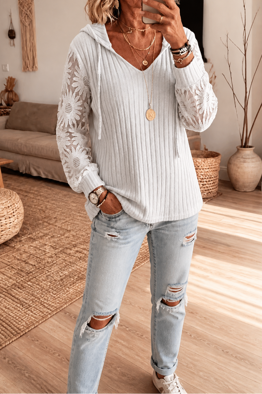 Mathilda - Ribbed Hooded Cardigan with Sheer Sleeves