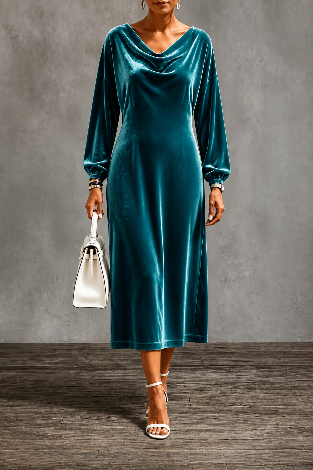 Velina - Round Neck Velvet Midi Dress