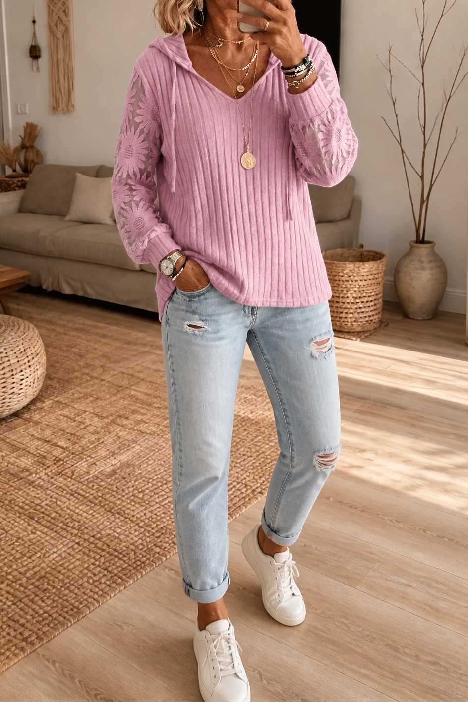 Mathilda - Ribbed Hooded Cardigan with Sheer Sleeves