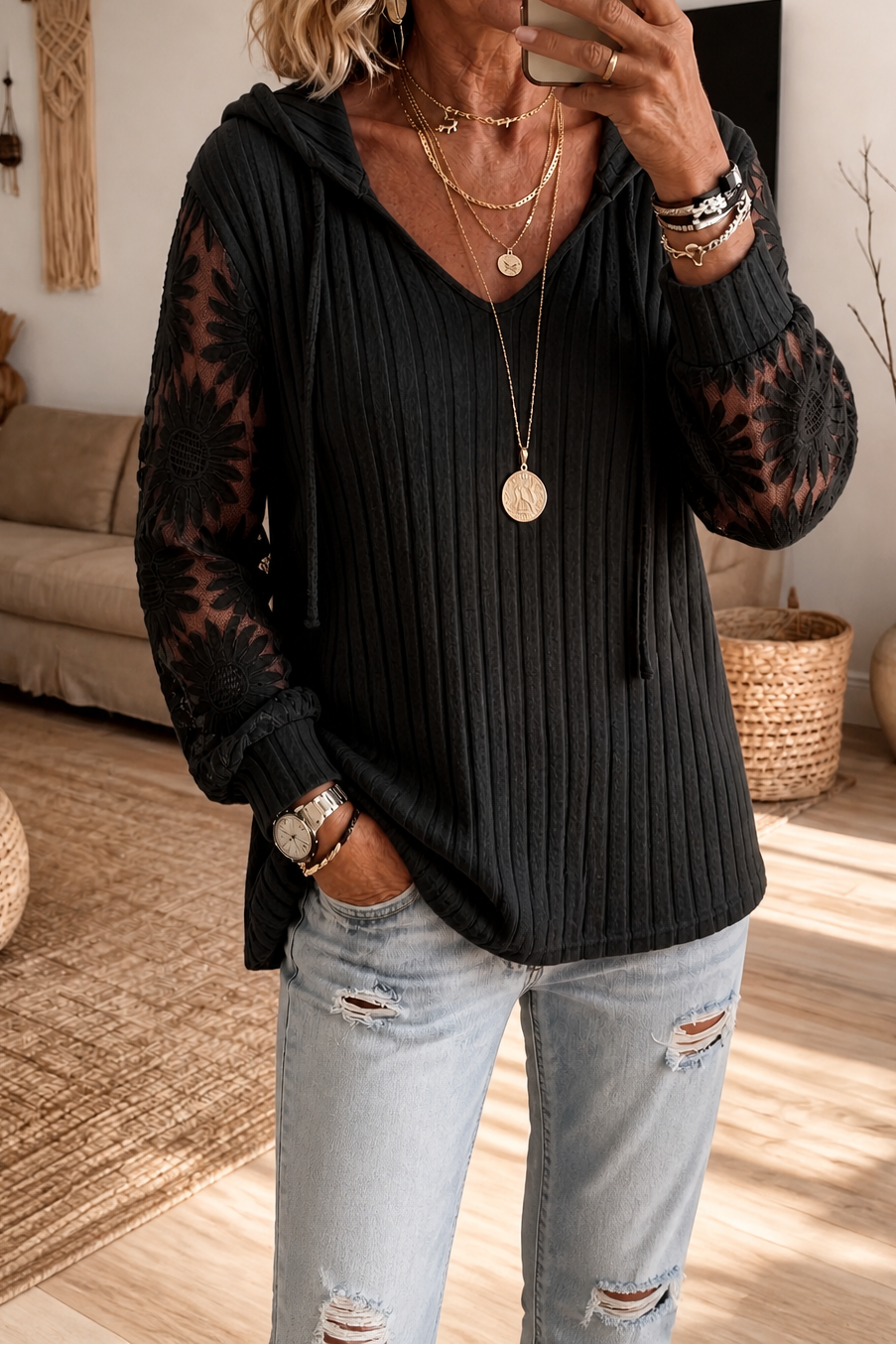 Mathilda - Ribbed Hooded Cardigan with Sheer Sleeves