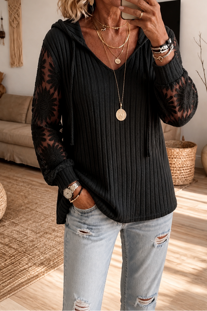 Mathilda - Ribbed Hooded Cardigan with Sheer Sleeves