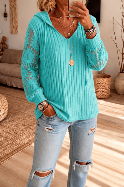 Mathilda - Ribbed Hooded Cardigan with Sheer Sleeves