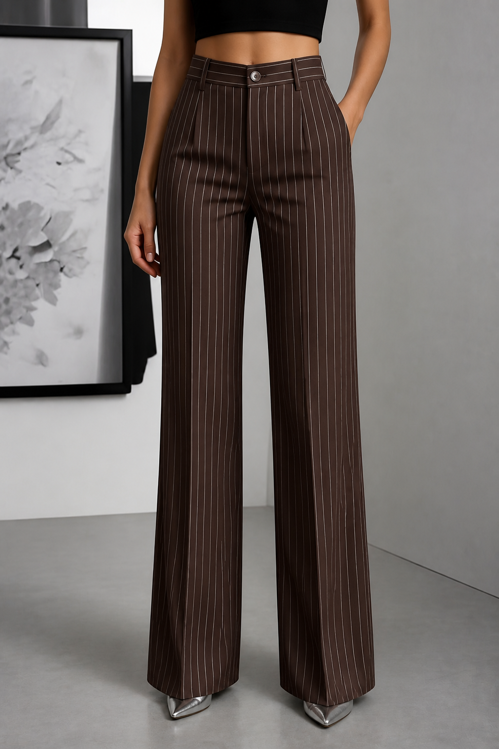 Ghislaine - Pinstripe High-Waisted Wide-Leg Trousers