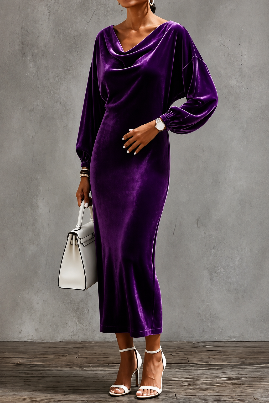 Velina - Round Neck Velvet Midi Dress