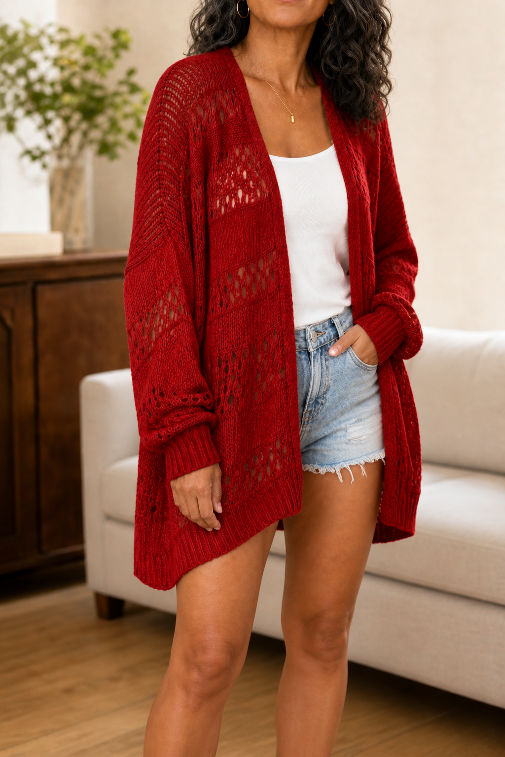 Danika - Pointelle Open-Front Batwing Cardigan