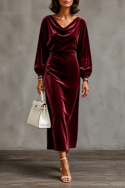 Velina - Round Neck Velvet Midi Dress