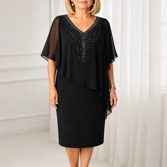 Velora - Rhinestone V-Neck Cape Midi Dress