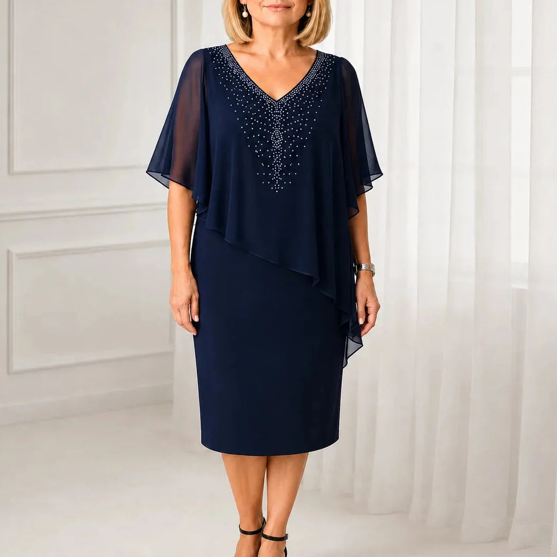 Velora - Rhinestone V-Neck Cape Midi Dress