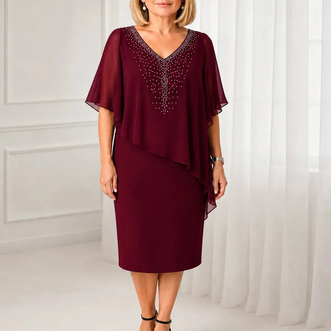 Velora - Rhinestone V-Neck Cape Midi Dress