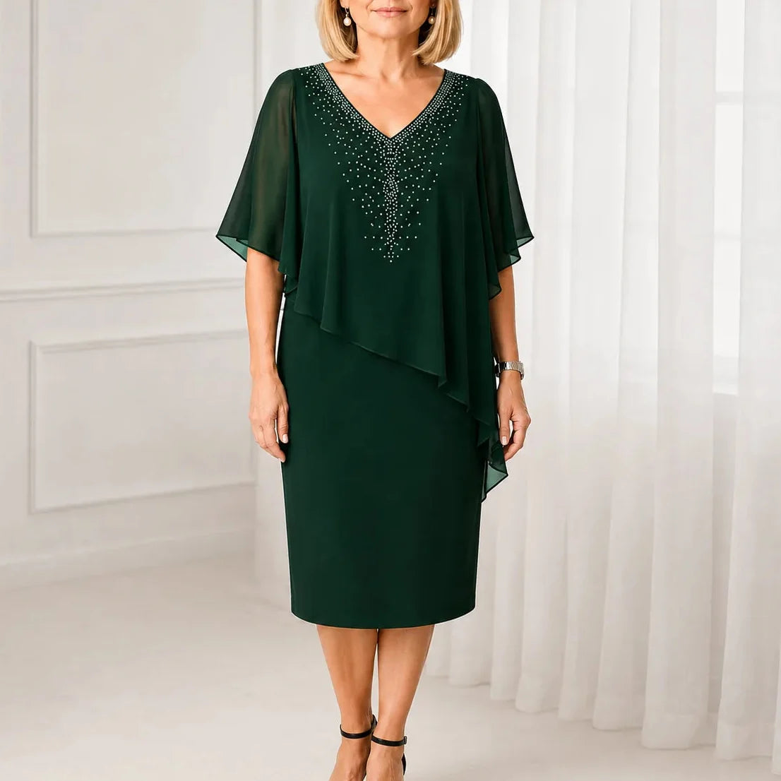 Velora - Rhinestone V-Neck Cape Midi Dress