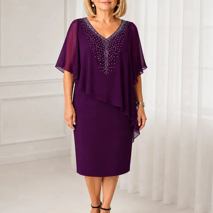 Velora - Rhinestone V-Neck Cape Midi Dress