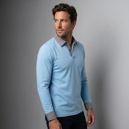 Long Sleeve Polo Shirt with Plaid Panel for Men