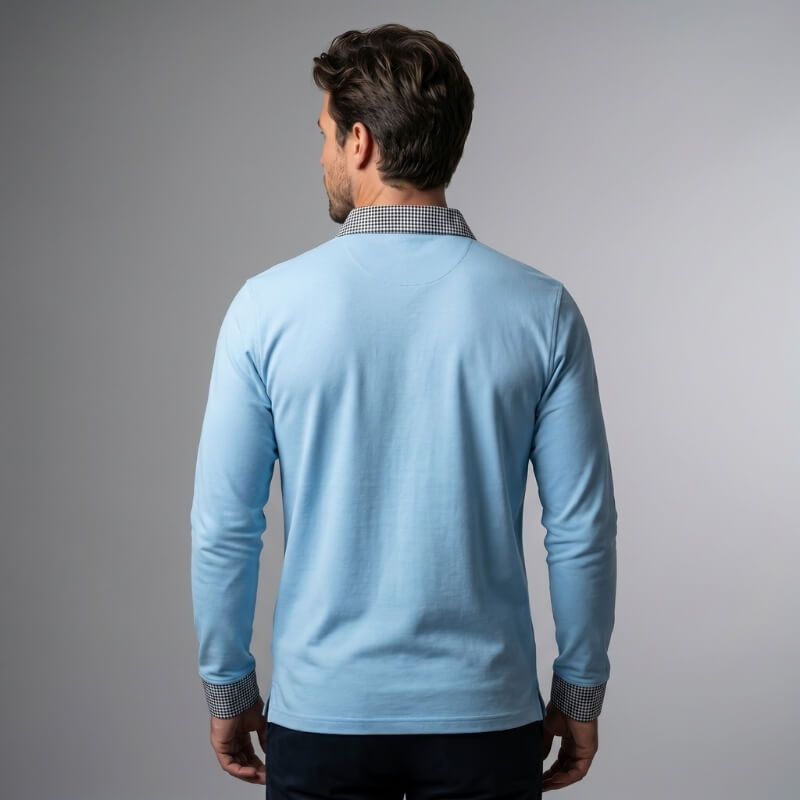 Long Sleeve Polo Shirt with Plaid Panel for Men