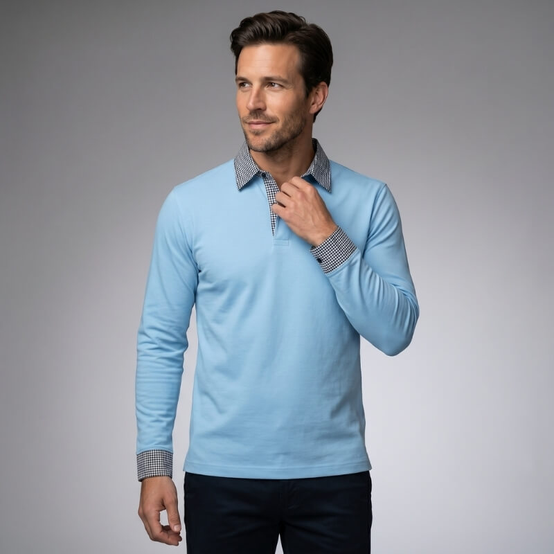 Long Sleeve Polo Shirt with Plaid Panel for Men - blue