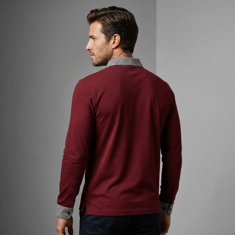 Long Sleeve Polo Shirt with Plaid Panel for Men