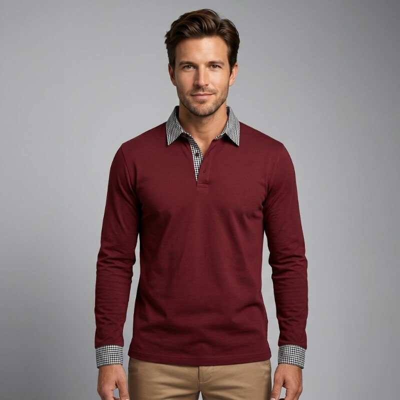 Long Sleeve Polo Shirt with Plaid Panel for Men - red