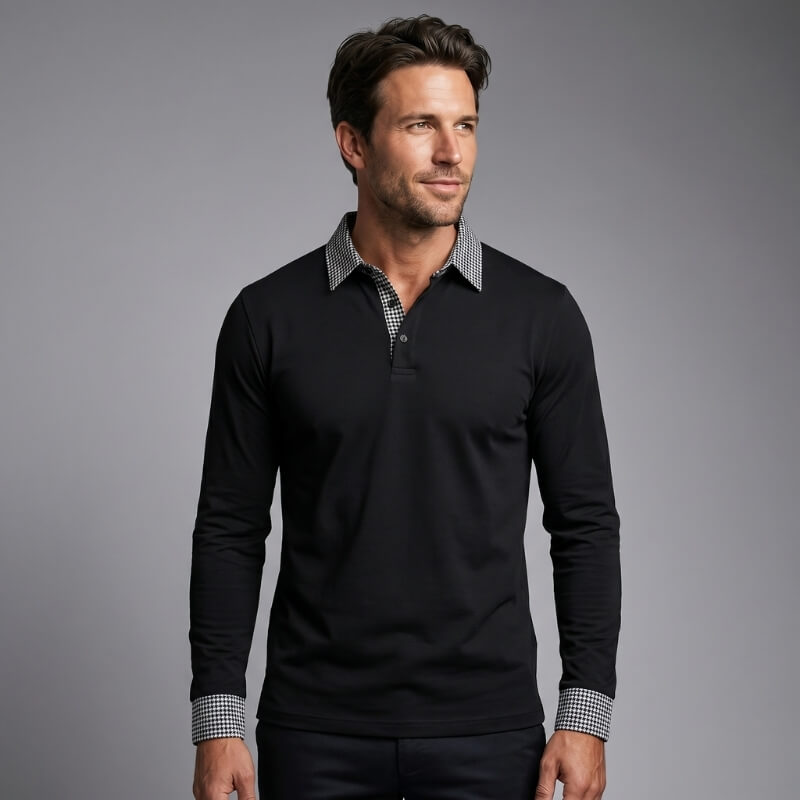 Long Sleeve Polo Shirt with Plaid Panel for Men - black