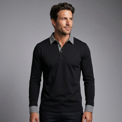 Long Sleeve Polo Shirt with Plaid Panel for Men - black