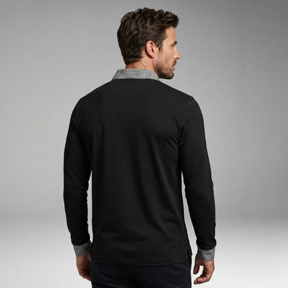 Long Sleeve Polo Shirt with Plaid Panel for Men