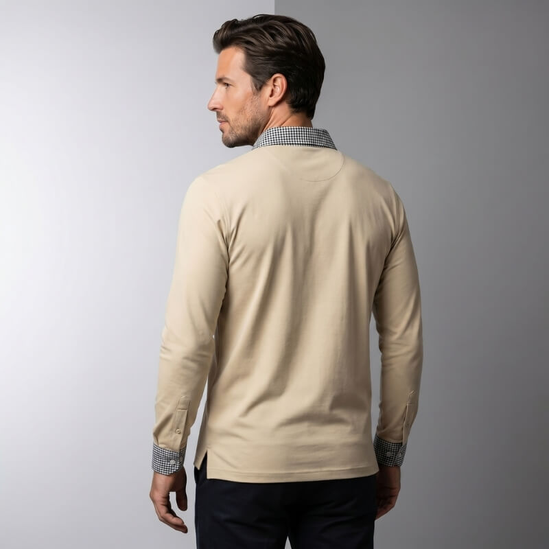 Long Sleeve Polo Shirt with Plaid Panel for Men