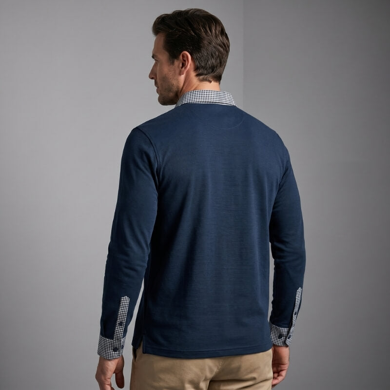 Long Sleeve Polo Shirt with Plaid Panel for Men