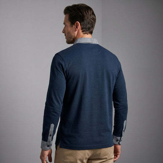Long Sleeve Polo Shirt with Plaid Panel for Men